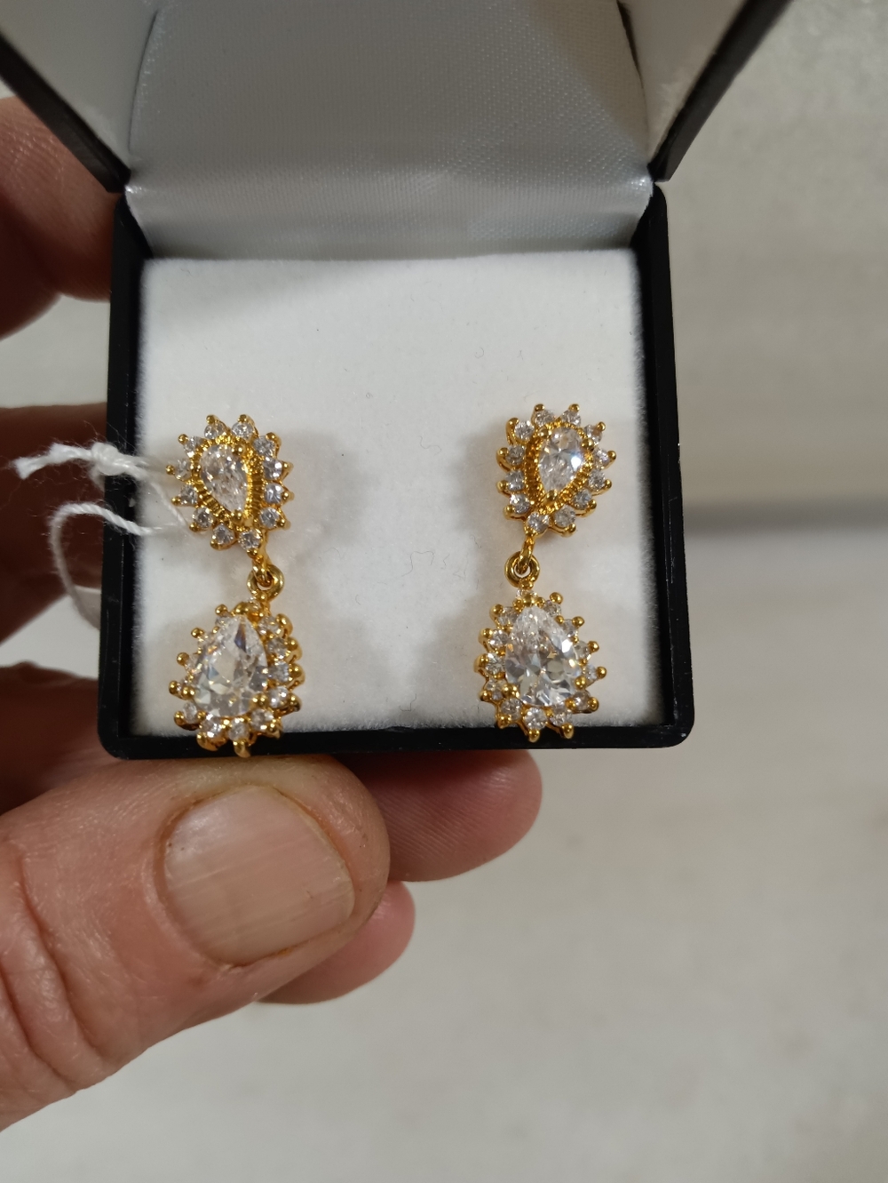 Gold Plated Dangle Pear Shaped CZ Earrings